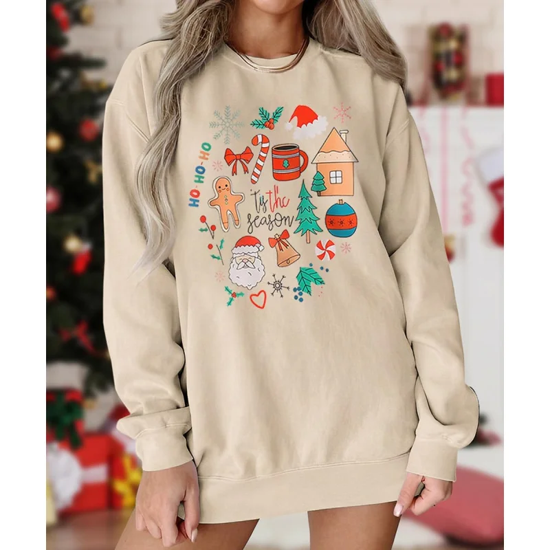 Merry Christmas Fun Pattern Sweatshirt Autumn Top Christmas Tree Printed Holiday Hoodie