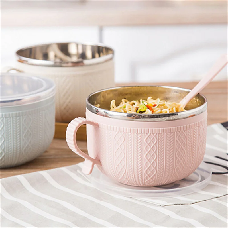 Stainless Steel Double-layer Ramen Noodles Bowl Anti-scalding Instant Noodle Bowl Large Capacity With Lid And Spoon Tableware