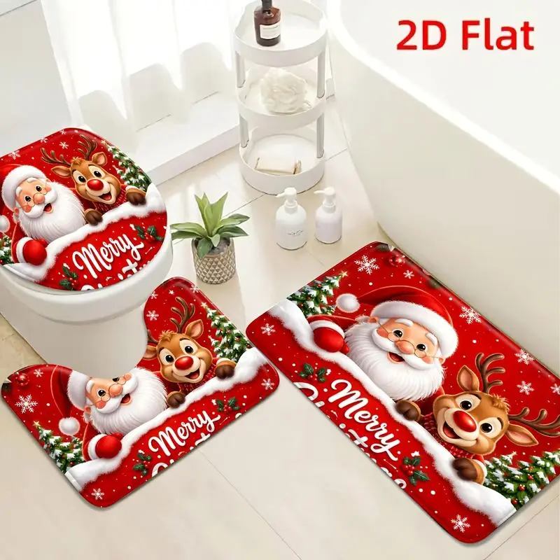 VIKAMA Christmas Bathroom Rug Set Santa Reindeer Toilet Lid Cover U Shape Bath Mat Non Slip Xmas Decor Soft Floor Mat Soft