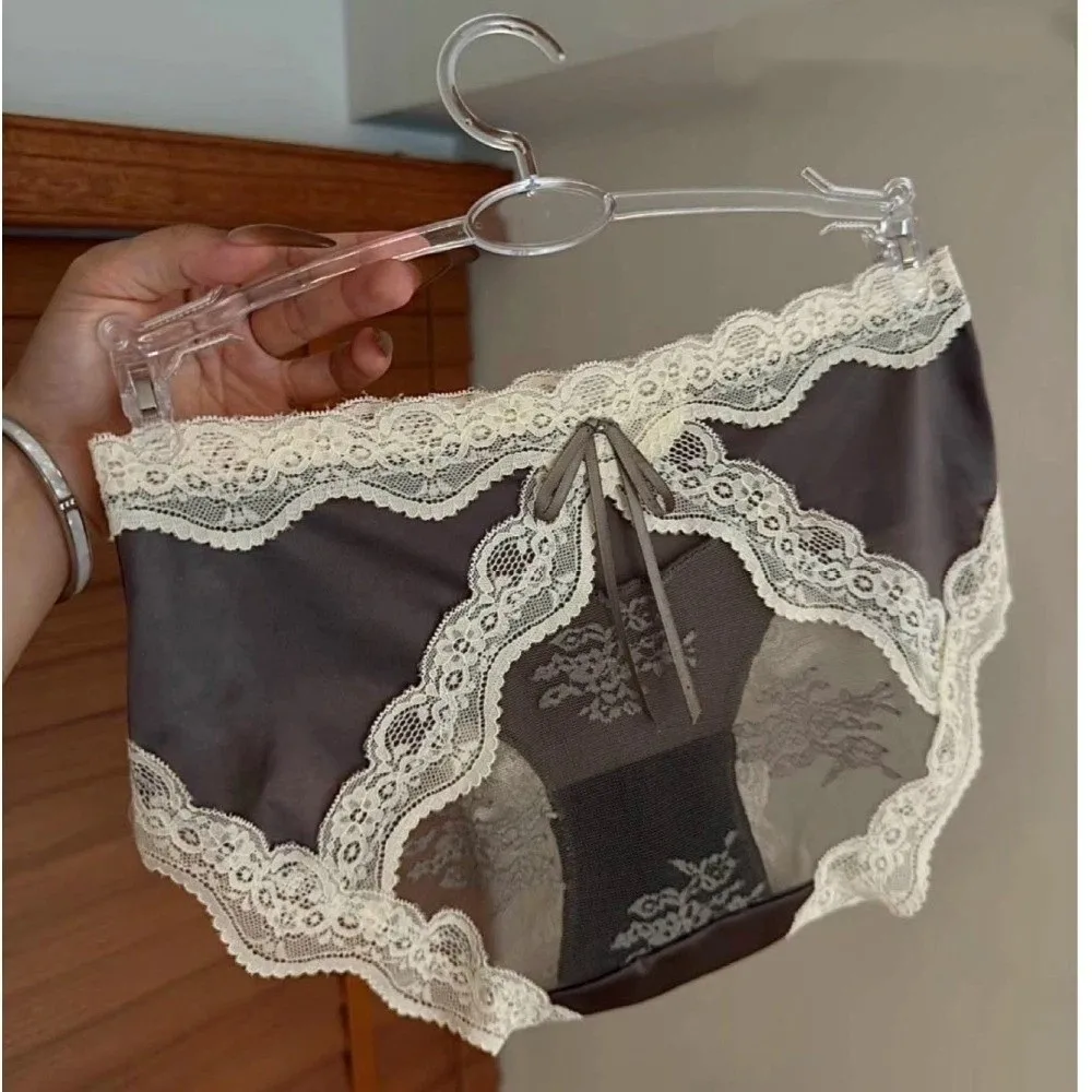Delicate Mid Waist Lace Satin Panties Mesh Sweet Transparent Briefs Invisible Patchwork Underwear for Women Women