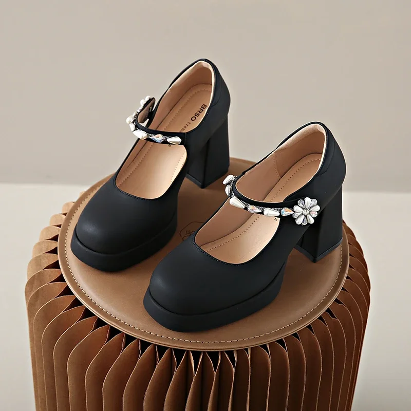 

Fashion High Heels Spring Square Head Shallow Mouth Rhinestone with Waterproof Platform Non-slip Single Shoes