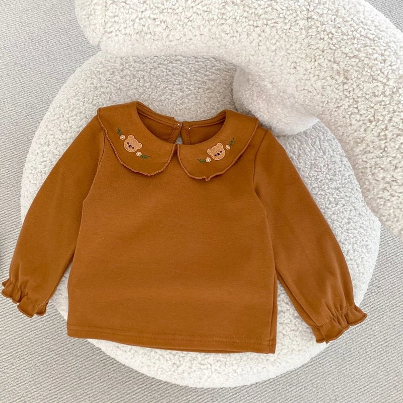 Autumn New Baby Clothing, 0-4 Year Old Female Baby, Small Bear Rusty Flower Collar Top+Strap with Mushroom Edge 2-piece Set