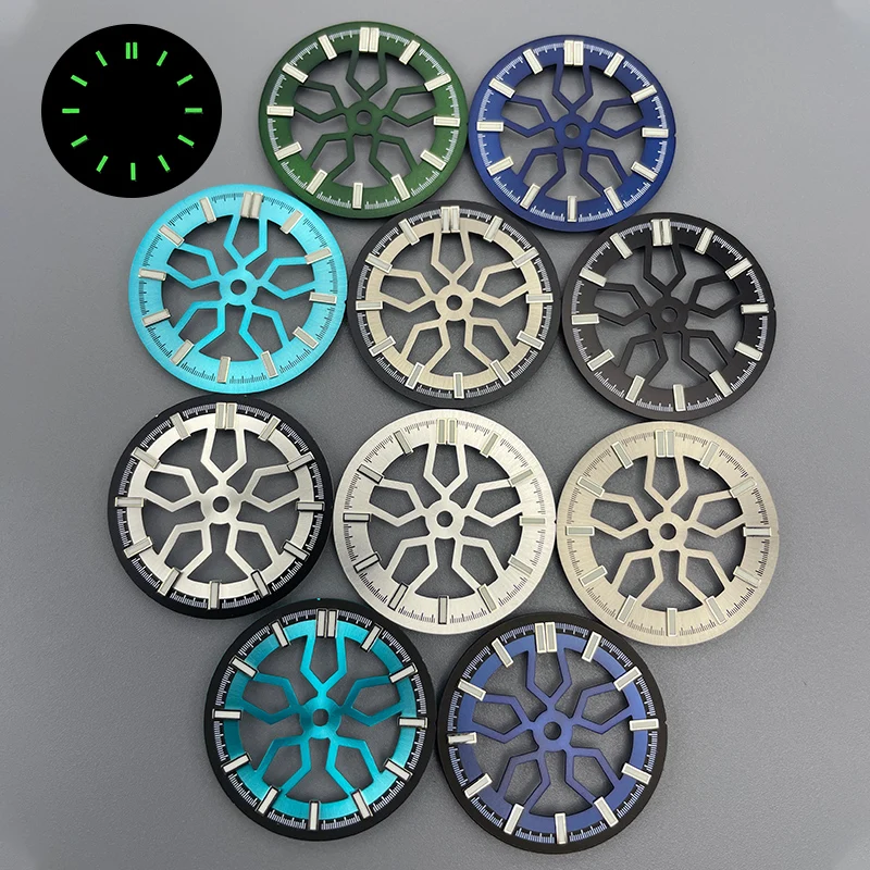 

Циферблат для часов 28,5 мм, NH35, зеленый, светящийся, с вогнутым солнечным колесом, подходит для механизмов NH38, NH70, 3.0/3.8 Oclock, механический циферблат для часов.