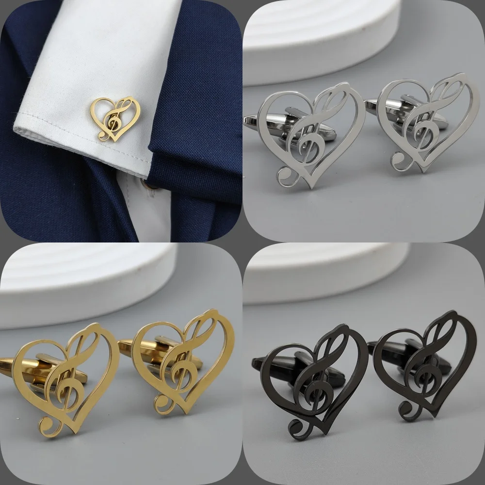 New love music symbol men's cufflink shirt fashion matching, stainless steel high-quality birthday gift, formal wear