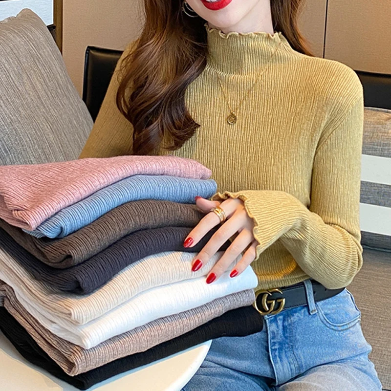 

Fashion Long Sleeve Bottoming Women Sweater Autumn Ruffled Ruched Collar Pullover Winter Tops Casual Slim Fit Clothes New 28808