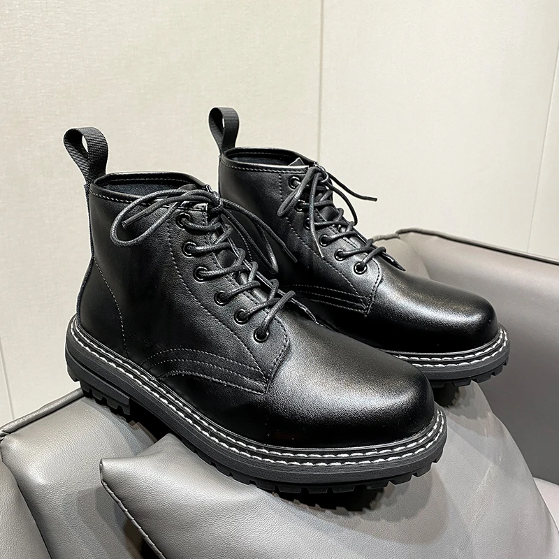 

Mens Casual Chelsea Boots lace up Leather Black Outdoor ankle Boots Warm Plush Winter Motorcycle Ankle Boots men sneakers