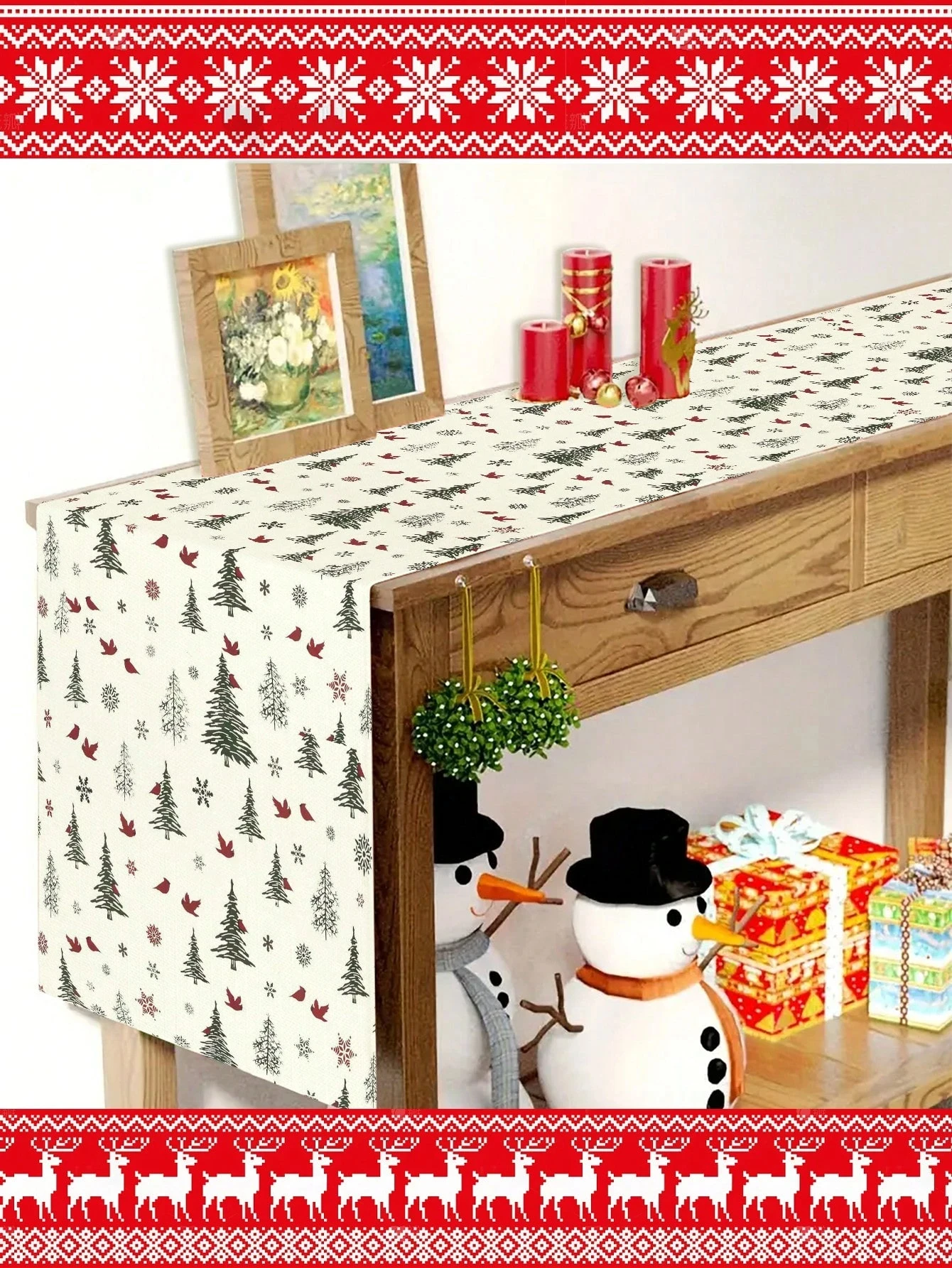 Christmas Tree Bird Snowflake Polyester Table Runner 2D Flat Print Rustic Home Decor Dining Table Decoration Vintage Charming