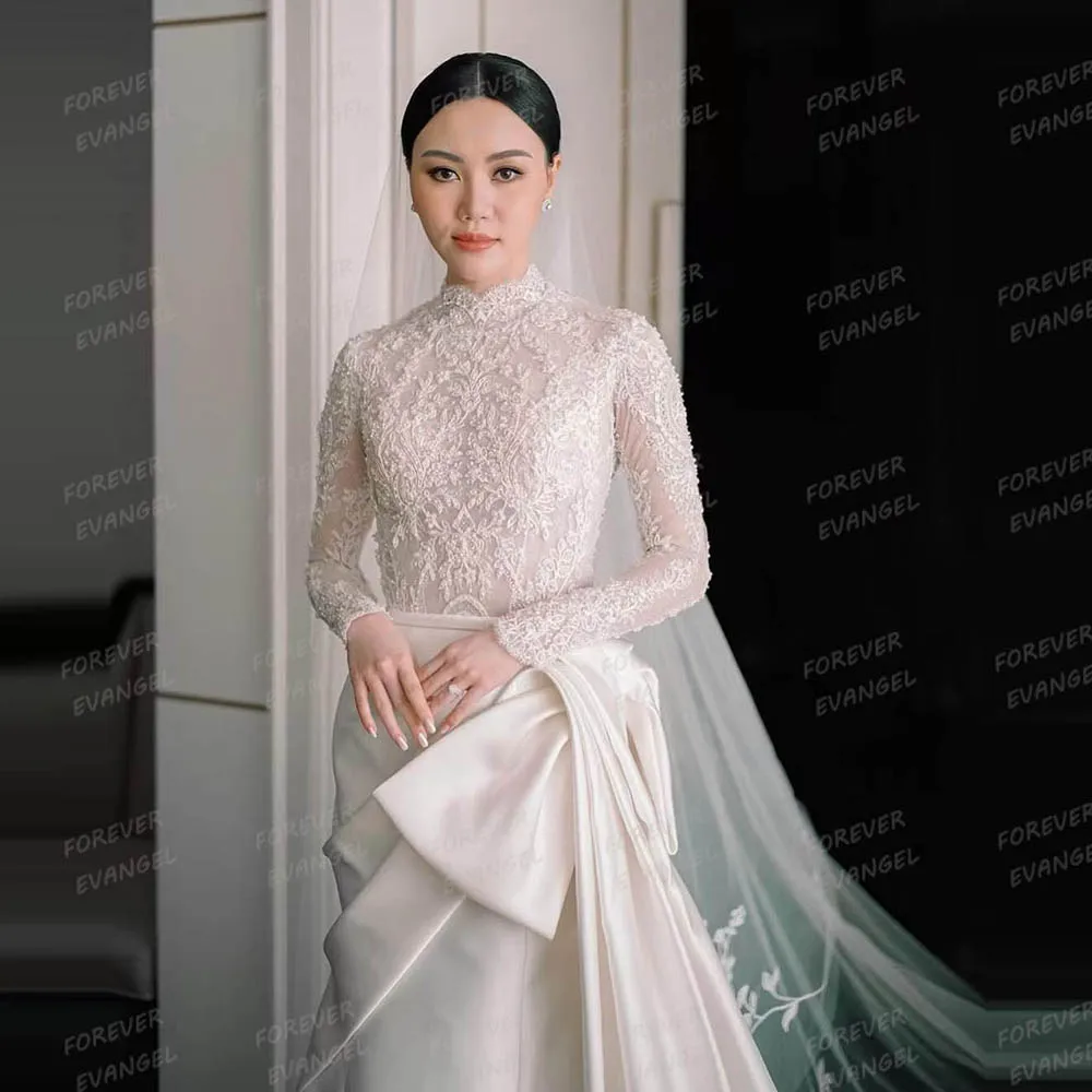 Gaun pengantin applique elegan gaun pengantin wanita putri duyung elegan lengan panjang leher tinggi gaun pengantin disesuaikan Vestidos De Novia