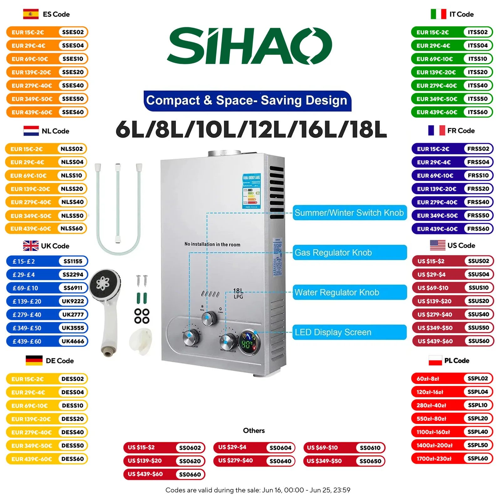 Image of SIHAO Scaldabagno GPL 6L 8L 10L 12L 16L 18L GPL Gas di petrolio liquefatto Propano Butano Scaldabagno Kit caldaia in acciaio inossidabile cod004