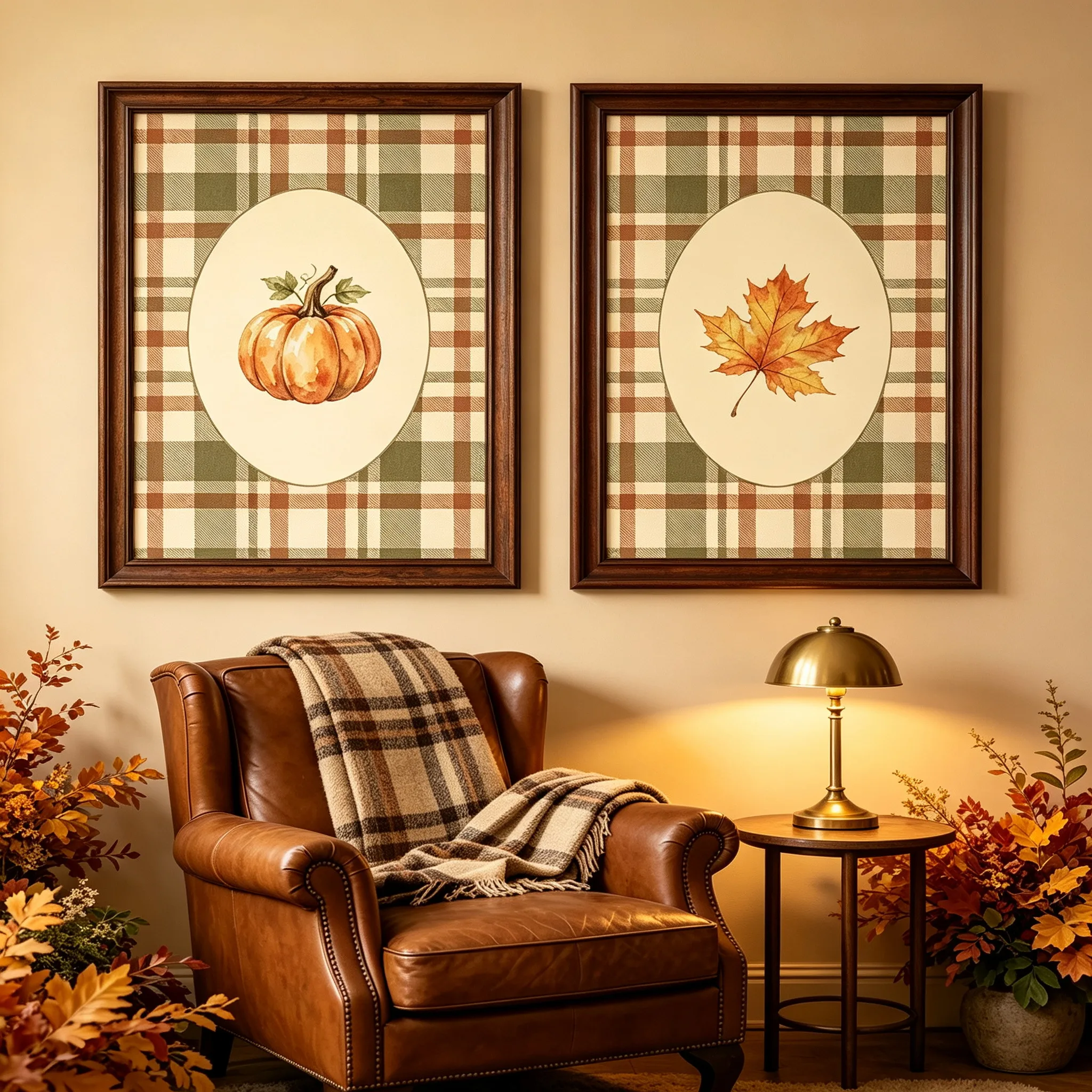 Fall Watercolor Pumpkin Maple Leaf Wall Art Set of 2 Plaid Cottagecore Decor Canvas Poster Prints Home Bedroom Living Room Decor