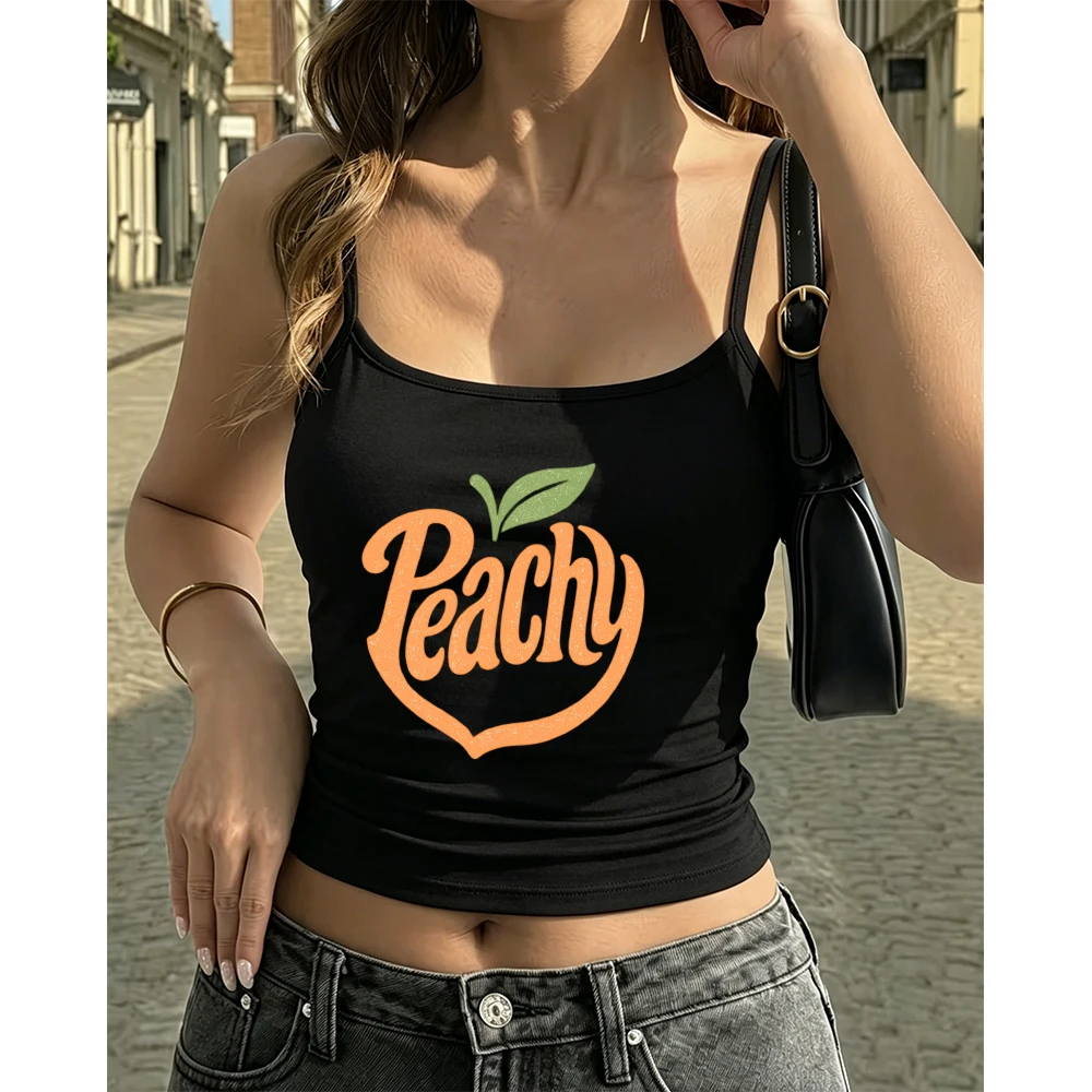 Orange Peach Shape Cami Women Funny Fruit Text Print Tank Top Sleeveless Vest Summer Trendy Fashion Sweet Daily Wear