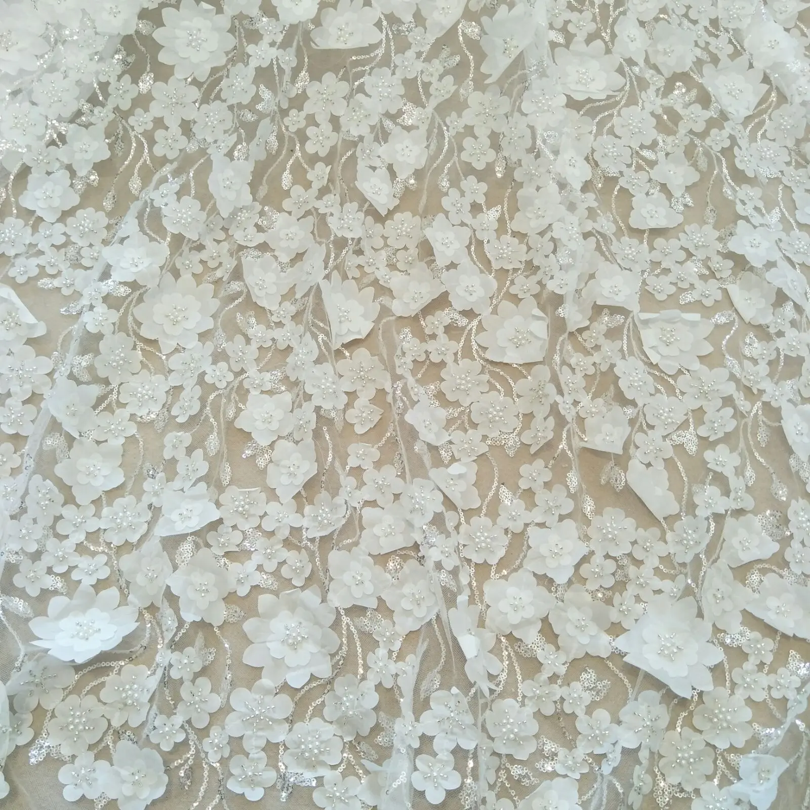 Fashion 3D lace fabric fabric 130cm width ivory beading lace sell by yard