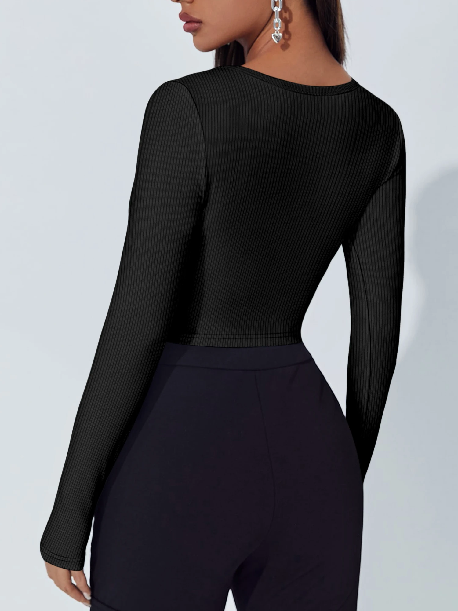 Relaxed Daily Crop Top, Square Neck Long Sleeve Ribbed Tee for City Life & Leisure Plans