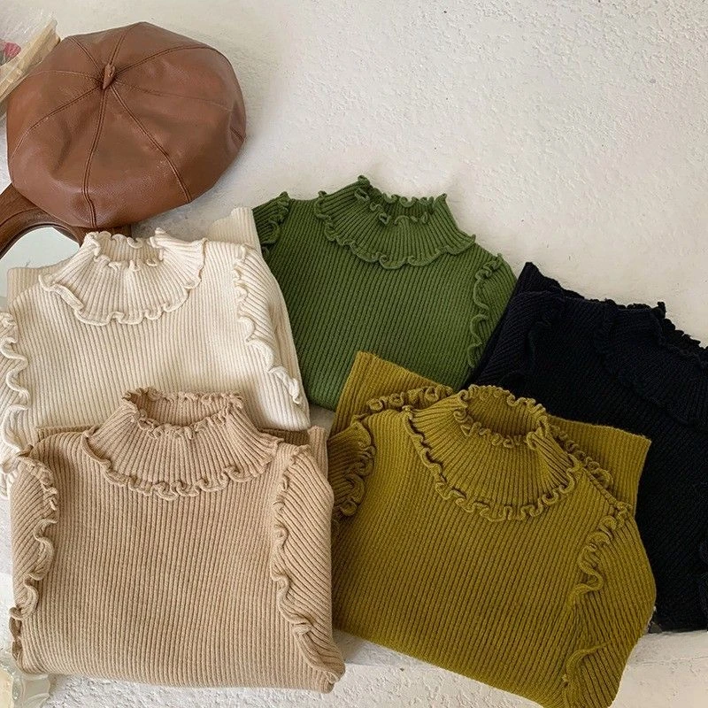 Kids Girls Knitted Sweaters 2025 New Fashion Children Ruffle Sleeve Turtleneck T-shirts Korean Style Spring Cotton Undershirts