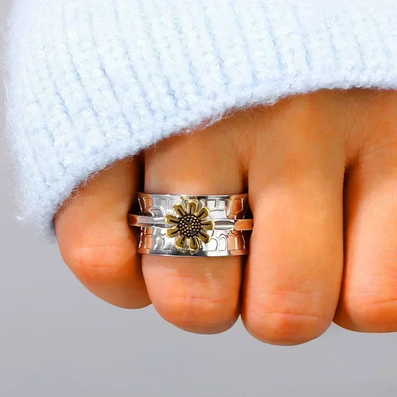 2025 New European and American High End Personalized Overlapping Wide Version Sunflower Ring  Double Color Jewelry