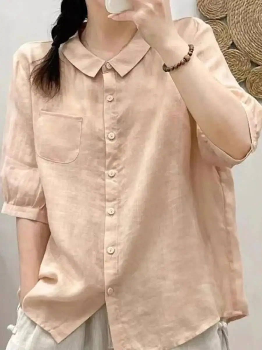

Cotton Linen Shirt Summer New Style Simple Color Loose Baota Short Sleeve Turn-down Collar Women's Casual Commute Shirt