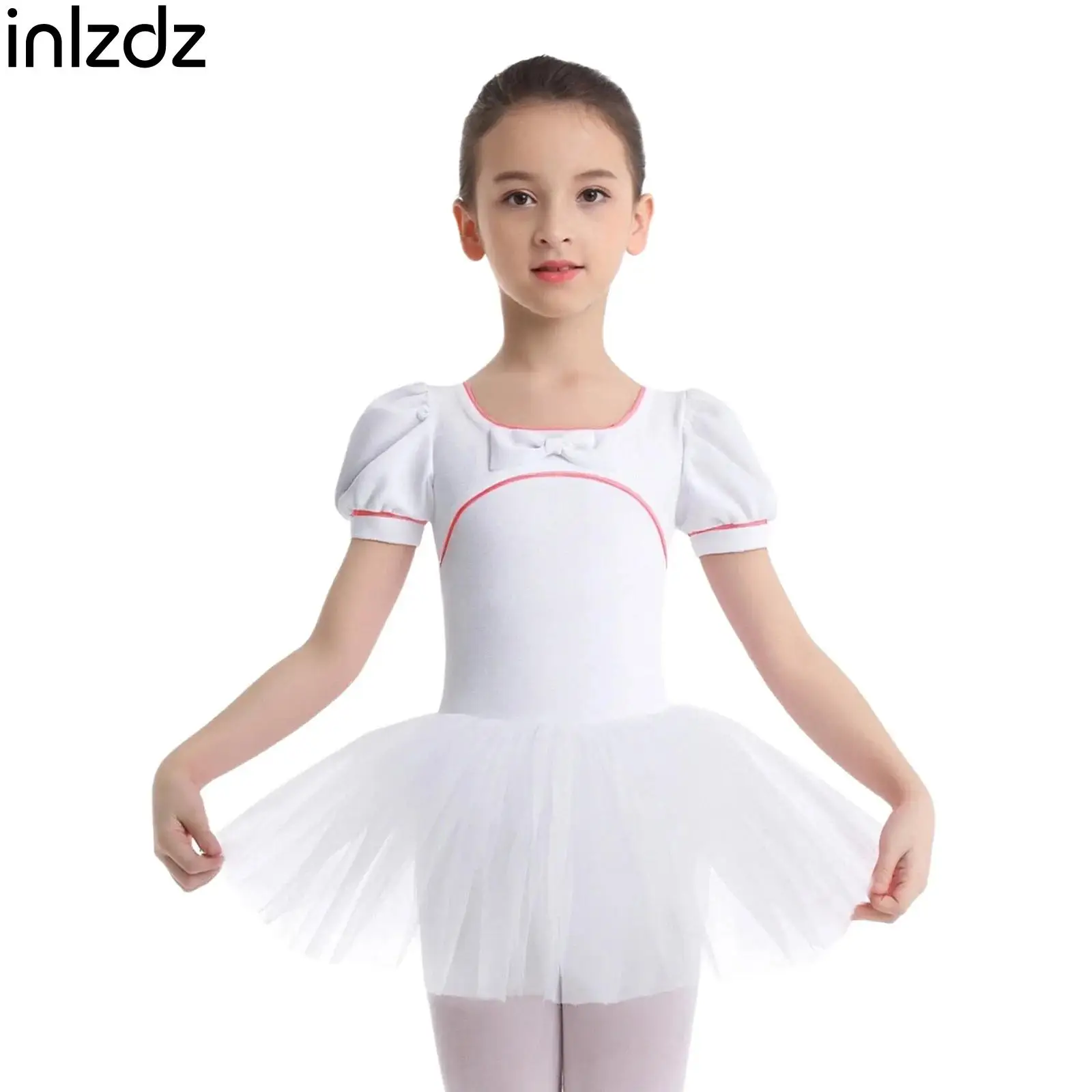

Kids Ballet Dress Elegant Tutu Children Dance Costumes Girls Bow Short Puff Sleeves Velvet Tulle Dress Stage Performance Costume