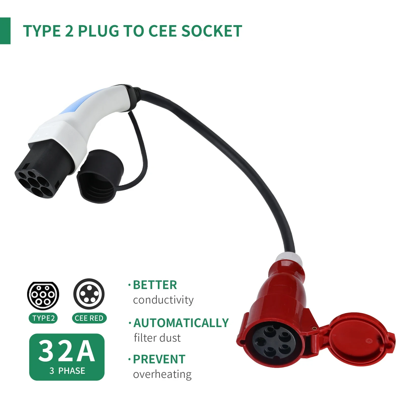 32a 3P Ev Charger Adapter Type2 Plug to Red CEE Socket Connector European Electric Vehicle Car Charger Plug To Cee EVSE Charging