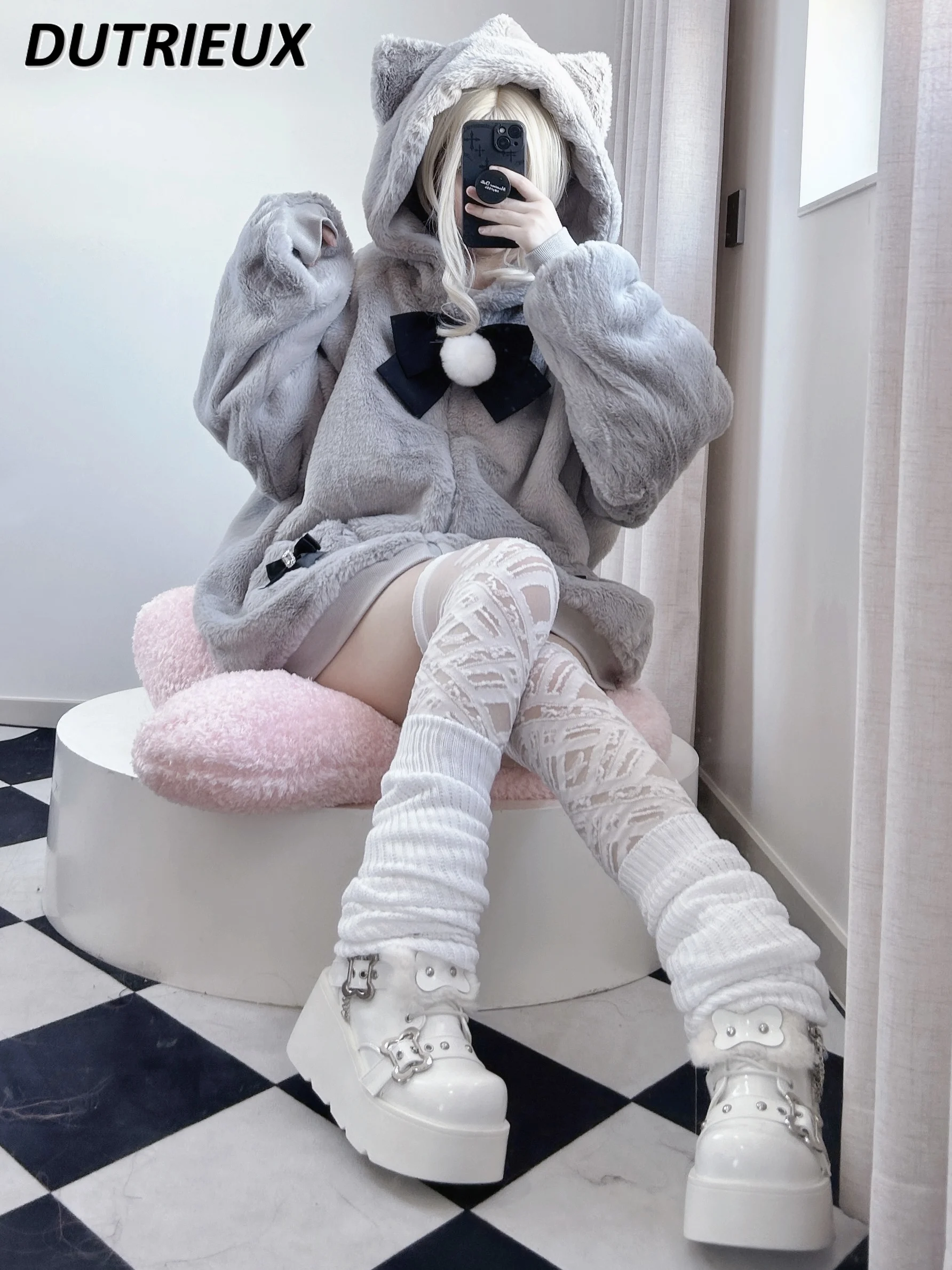 Long Sleeve Plush Cute Coat Japanese Mass-Produced Mine Winter Zipper Sweet Girl Clothes Easy Matching Bow Jacket for Women