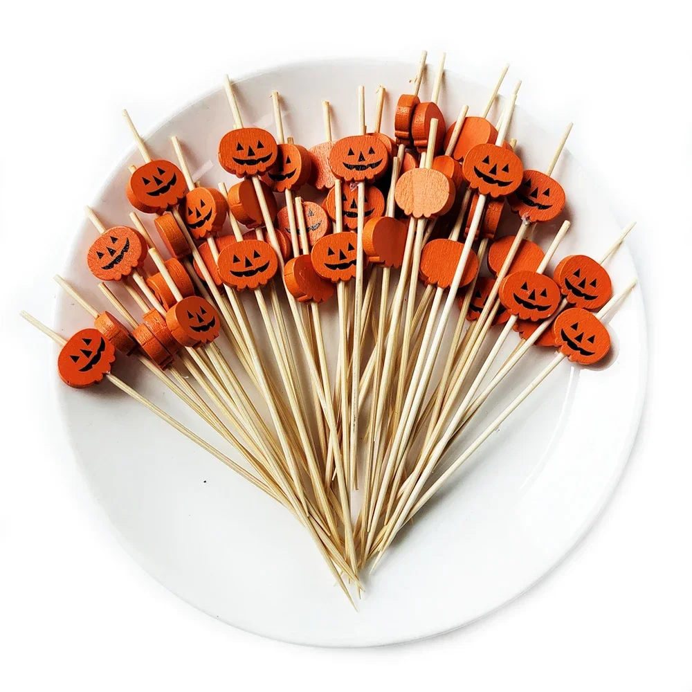 100 Stücke Halloween Kürbis Bambus Spieße Obst Gabel Dessert Salat Gemüse Einweg Sticks Zahnstocher Spieß Halloween Decor