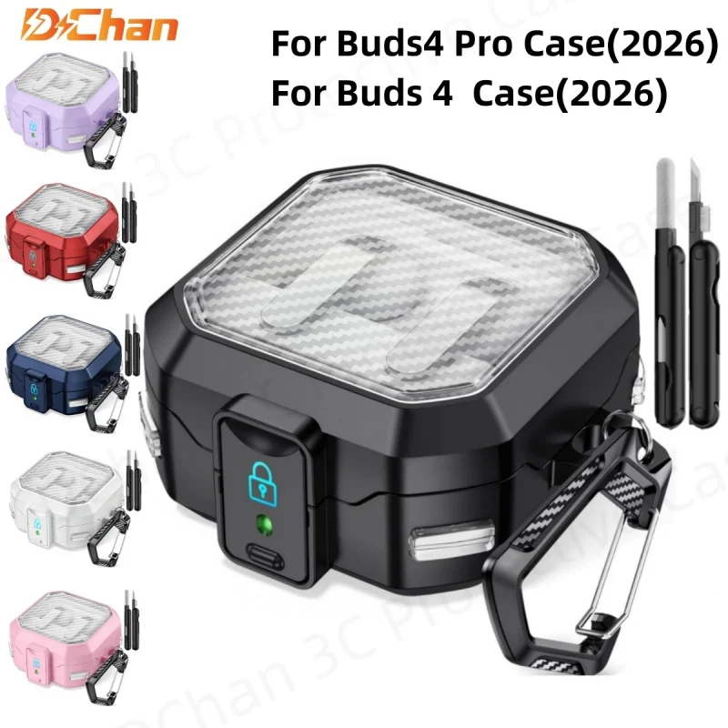 for 2026 Samsung Galaxy Buds 4/Galaxy Buds4 Pro Case with Safty Lock for Galaxy Buds 4 Pro Case Earbud Carbon fiber texture case