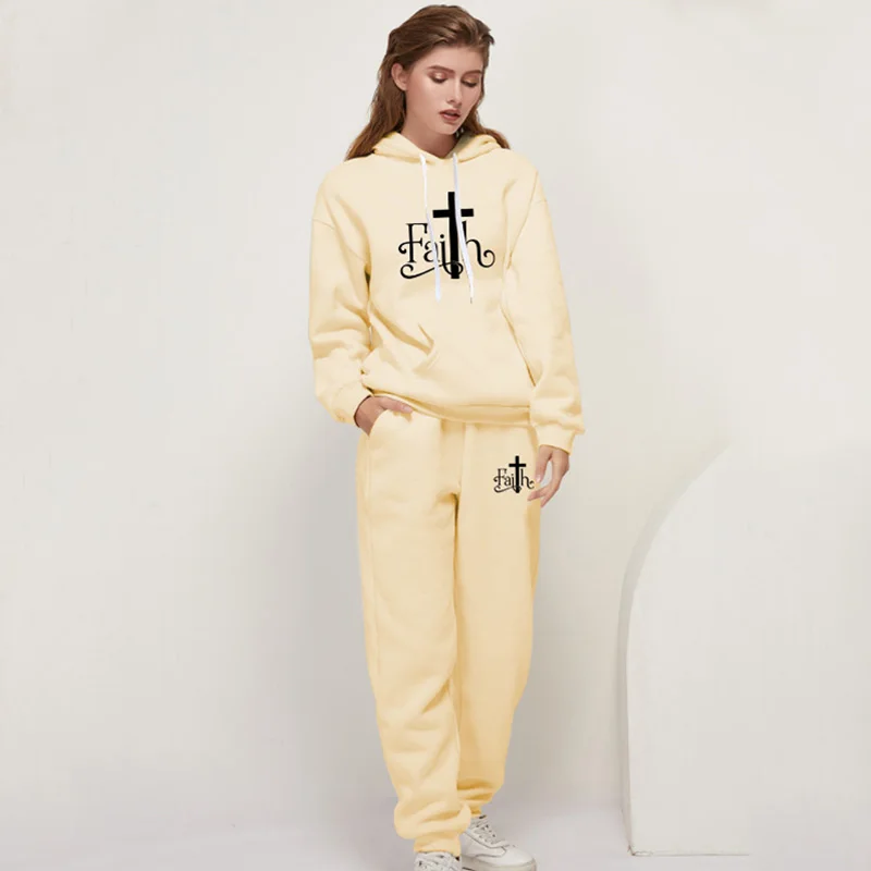 2023 Jesus Crucifix Faith Printed Pant Sets Women Hoodie Sweatpants Solid Color Tracksuit Ladies Daily Casual Sport Jogging Suit