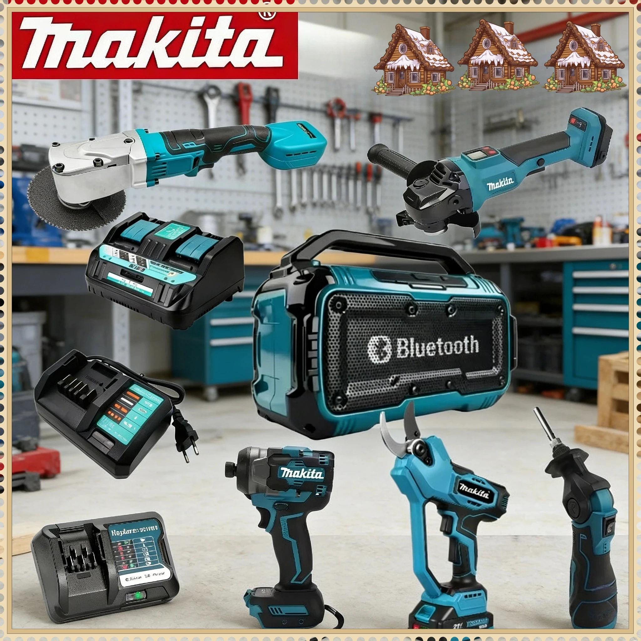 

Набор Makita: бесщеточная шлифовальная машина, пистолет для зачистки, различные аксессуары для зарядного устройства и пистолета для резки.