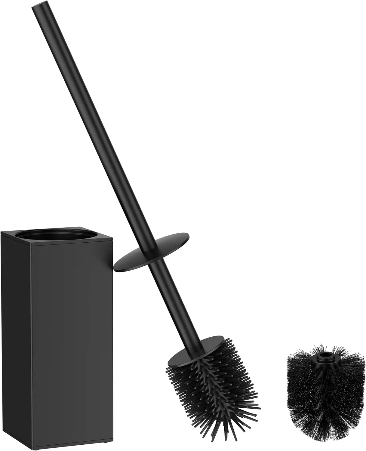 

Toilet Brush and Holder Set, Heavy Duty 304 Stainless Steel Base, Drip-Proof, Long Handle, 2 Brush Heads, Black