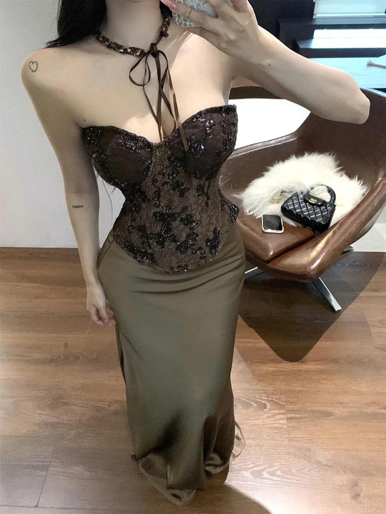 REDDACHiC Victorian Retro Corset Skirt Women Matching Set Lace Up Tube Top Fishtail Maxi Long Satin Skirt Party Formal Clothes