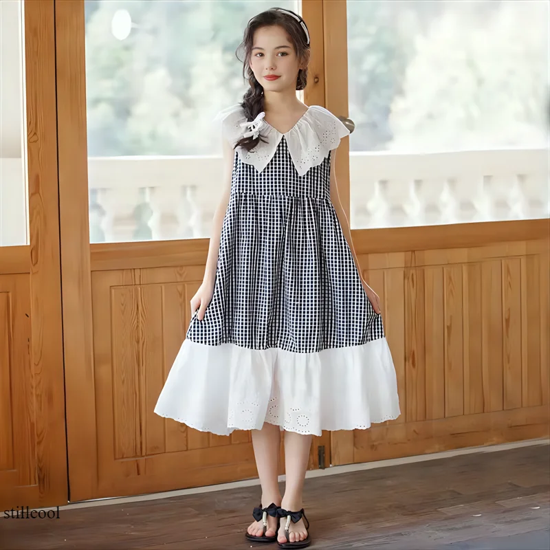 

Girls Summer Dress Sleeveless Lace Patchwork Plaid Princess Dresses for Kids 10 12 13 14 Years Teenage Casual Children Clothes