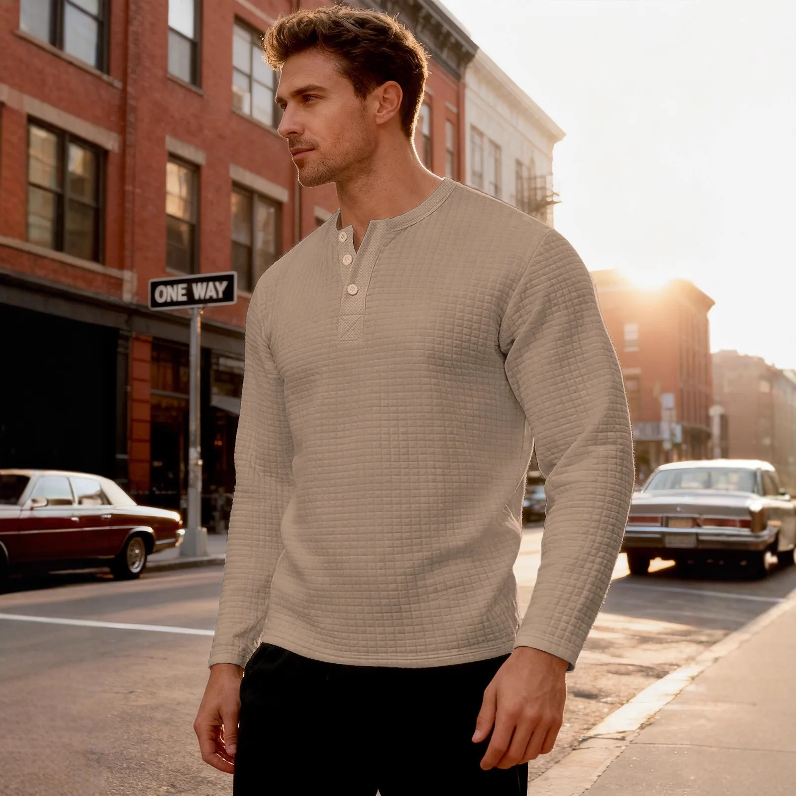 เสื้อเชิ้ตเฮนรี่ผ้าแจ็คการ์ดเนื้อหนาทรงหลวมสไตล์เรโทรแขนยาวสำหรับผู้ชาย คอลเลคชั่นใหม่ฤดูใบไม้ร่วงและฤดูหนาวข้ามพรมแดน