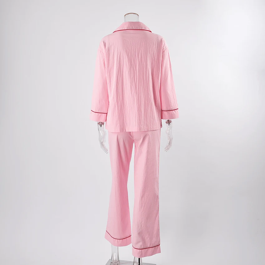 HiLoc Pink Casual Woven Inelastic Pajamas 2-Piece Long Sleeve Lapel Single-Breasted Blouse Elastic Waist Ankle-Length Pants 2026