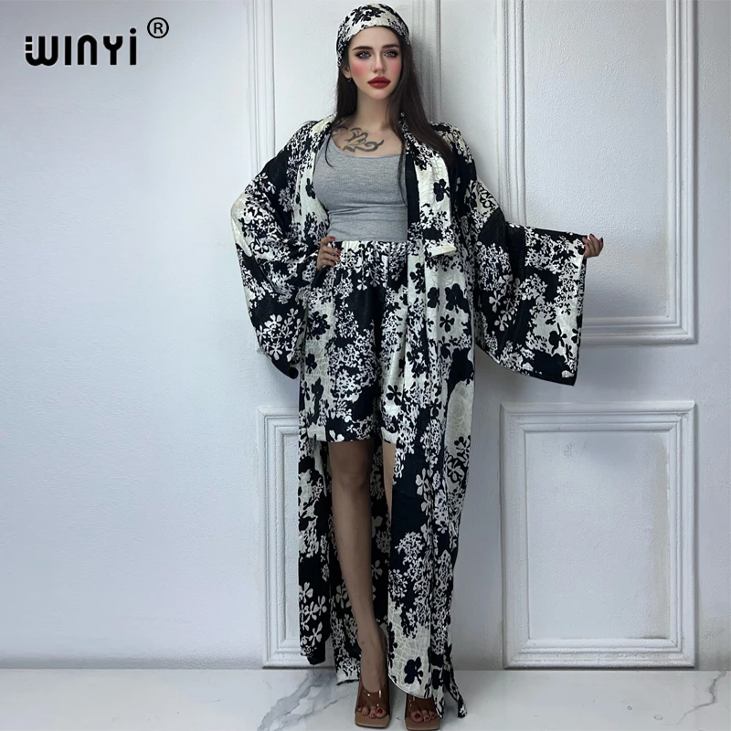 WINYI wysokiej jakości 2-częściowy strój damski Bohemian Print luźne kimono z długim rękawem o długości do podłogi okrycie plażowe modna sukienka