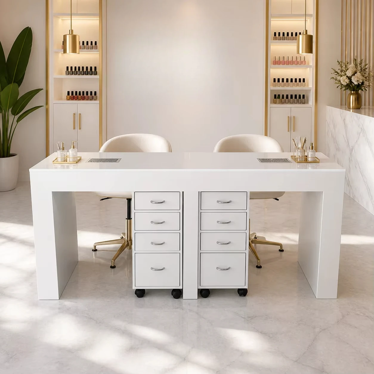 Double Nail Salon Manicure Table With Mobile Drawer Cabinets And Two Technician Workstations