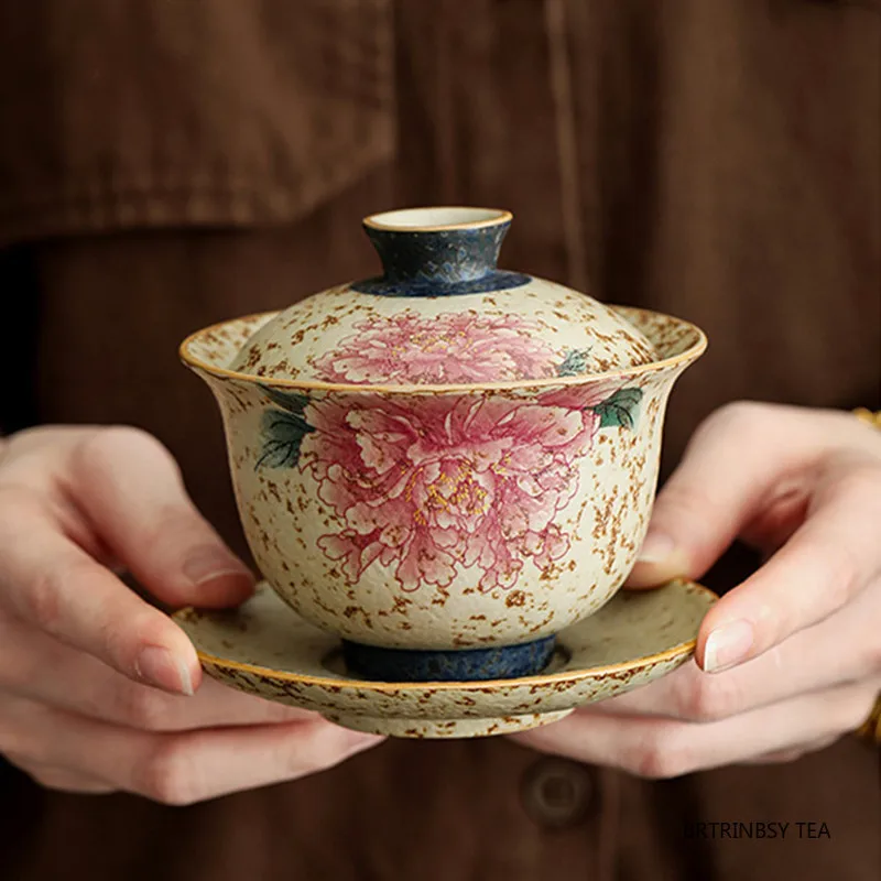 

150ml Chinese Retro Ceramic Gaiwan Handmade Flowers Teacup Travel Portable Tea Bowl Household Tea Tureen Teaware Accessories