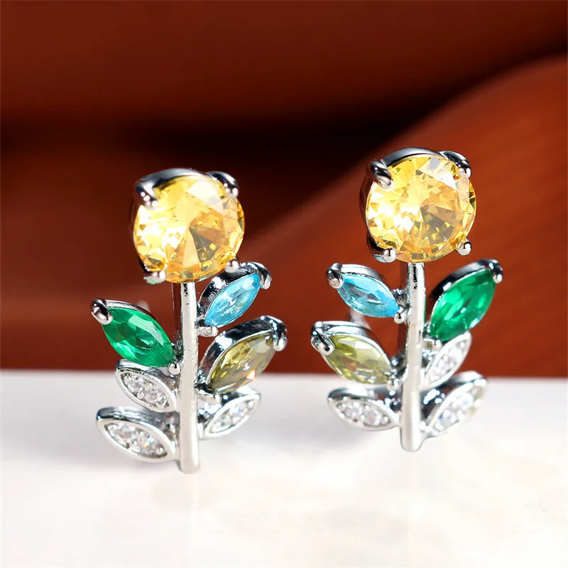 Luxury Female Rainbow Flower Stud Earrings Silver Color Zircon Stone For Women Charm Crystal Wedding Jewelry