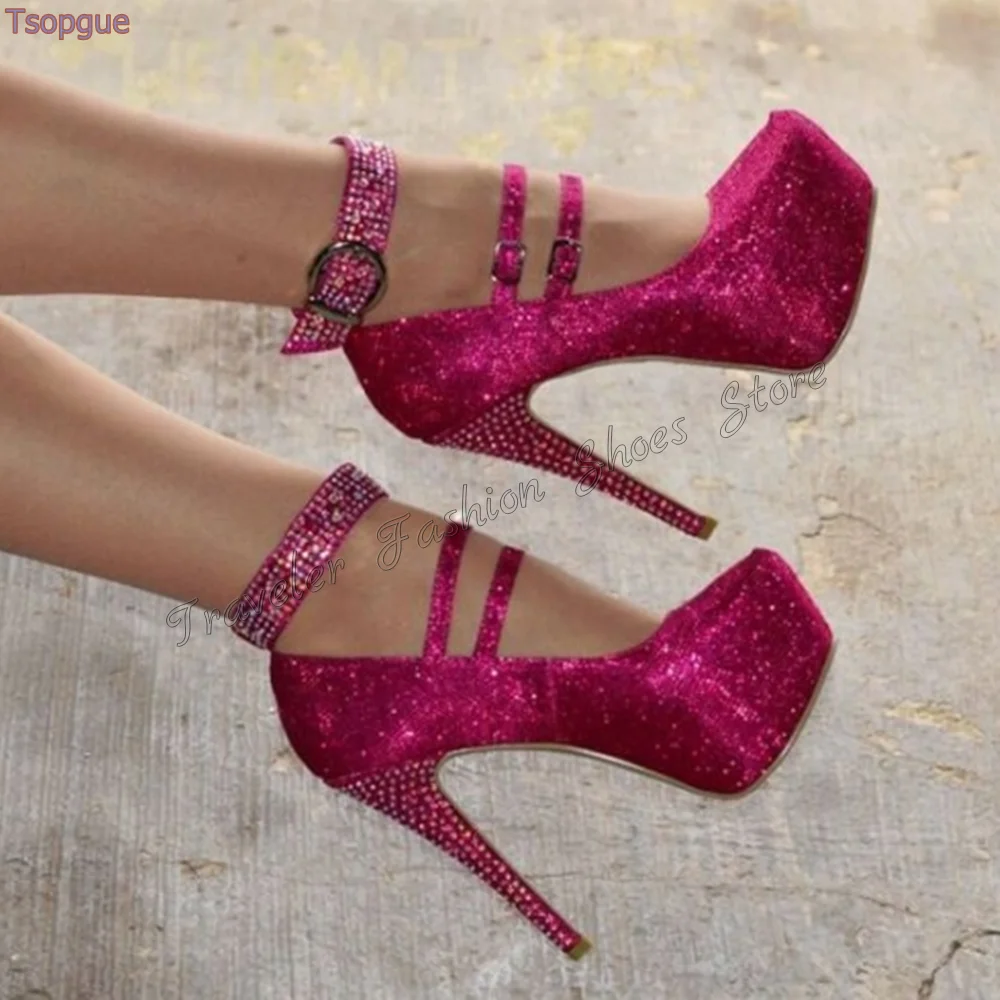 

Rose Red Crystal Ankle Buckle Pumps Stilettos High Heels High Heel Shoes for Women Fashion Heels 2024 New Zapatos Para Mujere