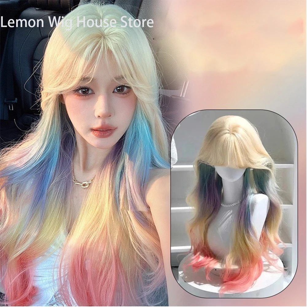 

Long Curly Synthetic Wig with Bangs Cosplay Lolita Wig Women Daily Party Natural Wavy Wigs Heat Resistant White Colorful Hair