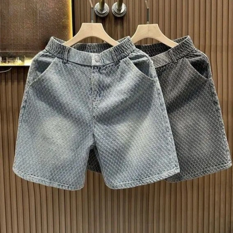 Men's Summer American‑Retro‑Style Jacquard‑Textured Washed‑Denim Shorts, Loose‑Fit Knee‑Length Casual Shorts For Street Outdoor