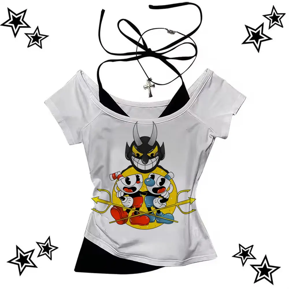 Cuphead top tees female Graphic Retro Trendy Pastel Grunge Vintage tshirt 2000s kawaii Y2k Colorful streetwear Punk