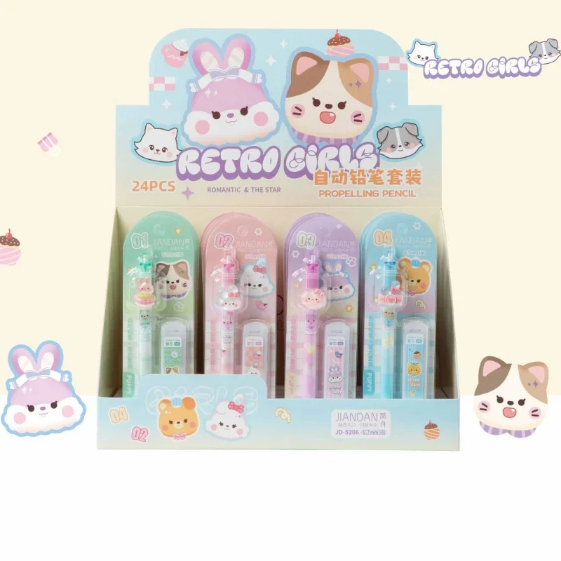 24set/lot Kawaii Cat Bear Rabbit Mechanical Pencil Set Cute 0.5MM Drawing Writing Automatic Pen School Office Supplies