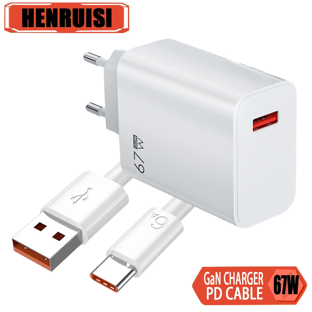 

67W USB GaN Charger Fast Charging Mobile Phone Adapter Type C Cable For iPhone Samsung Xiaomi EU/US/UK Plug Quick Wall Charger