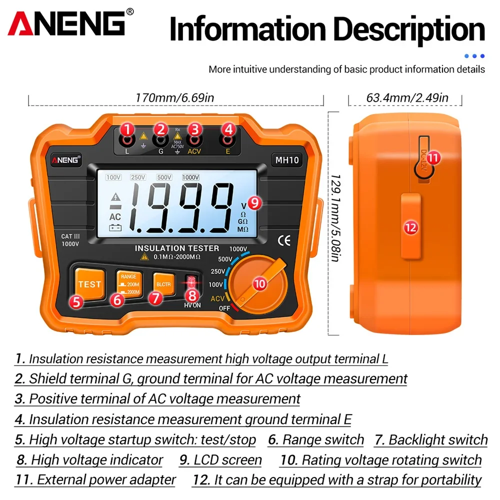 Aneng Mh10 Digitale Megohmmeter Meter Isolatie Aarde Grondweerstand 100-1000V Ohm Spanningstester Elektricien Gereedschap