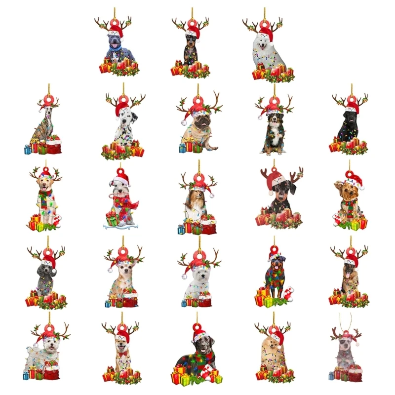 Christmas Dog Ornament Wooden Xma Tree Hanging Sign Statues Decoration Pendant Drop ship