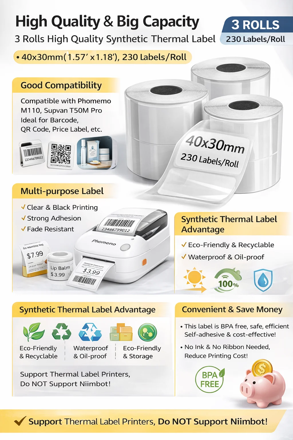 Thermal Labels 1.57'' x 1.18'' (40x30mm) Thermal Sticker Label, Waterproof,  (Transparent) Multi-Purpose Label Tape