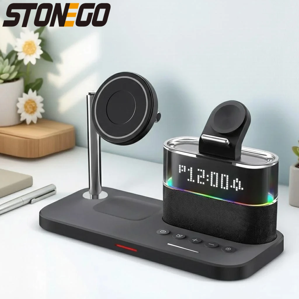 

Беспроводная зарядная станция 5-в-1 мощностью 15 Вт с магнитными часами для iPhone, Apple Watch, AirPods, Samsung, быстрая зарядка