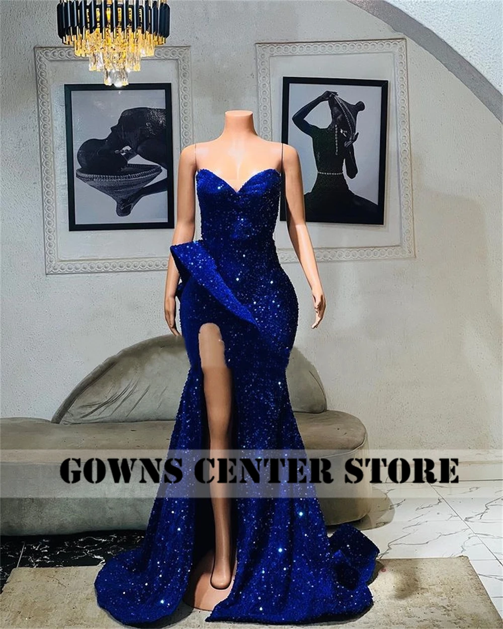 Fancy Royal Blue Sequin Mermaid Evening Dress High Split With Gloves Women Formal Party Dress robe de gala Sweetheart Customized