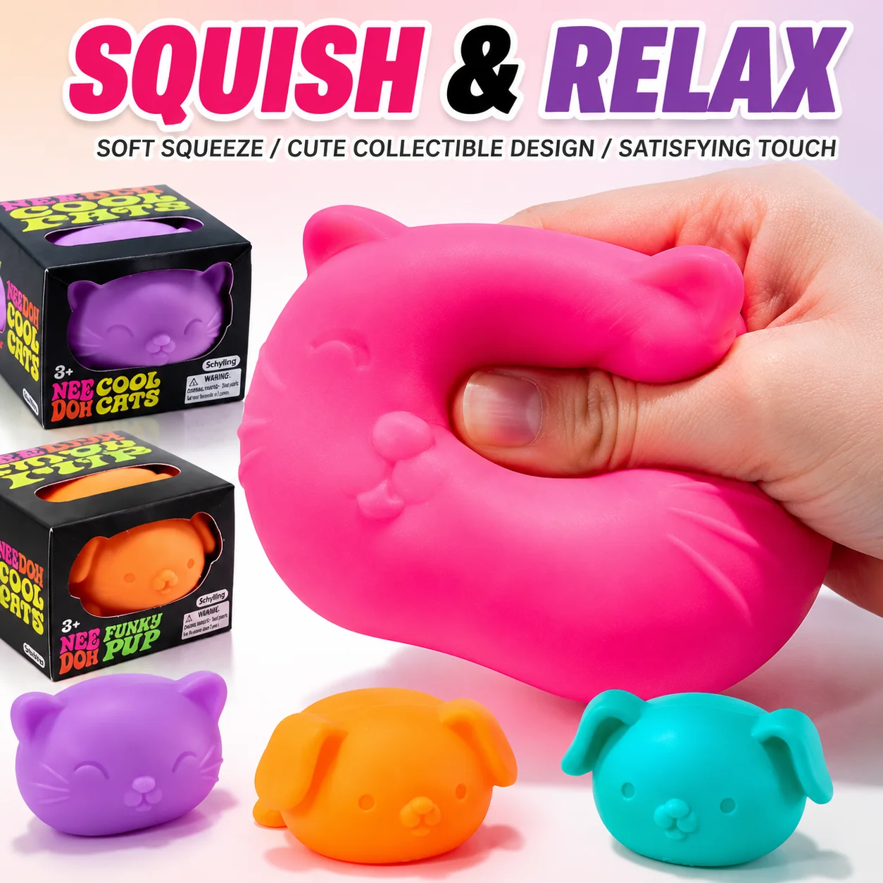 Needoh Funky Pups Cool Cats Squishy Fidget Toy Flour Filled Quick Rebound Stress Relief Squeeze Toy Mood Calming Leisure Relax