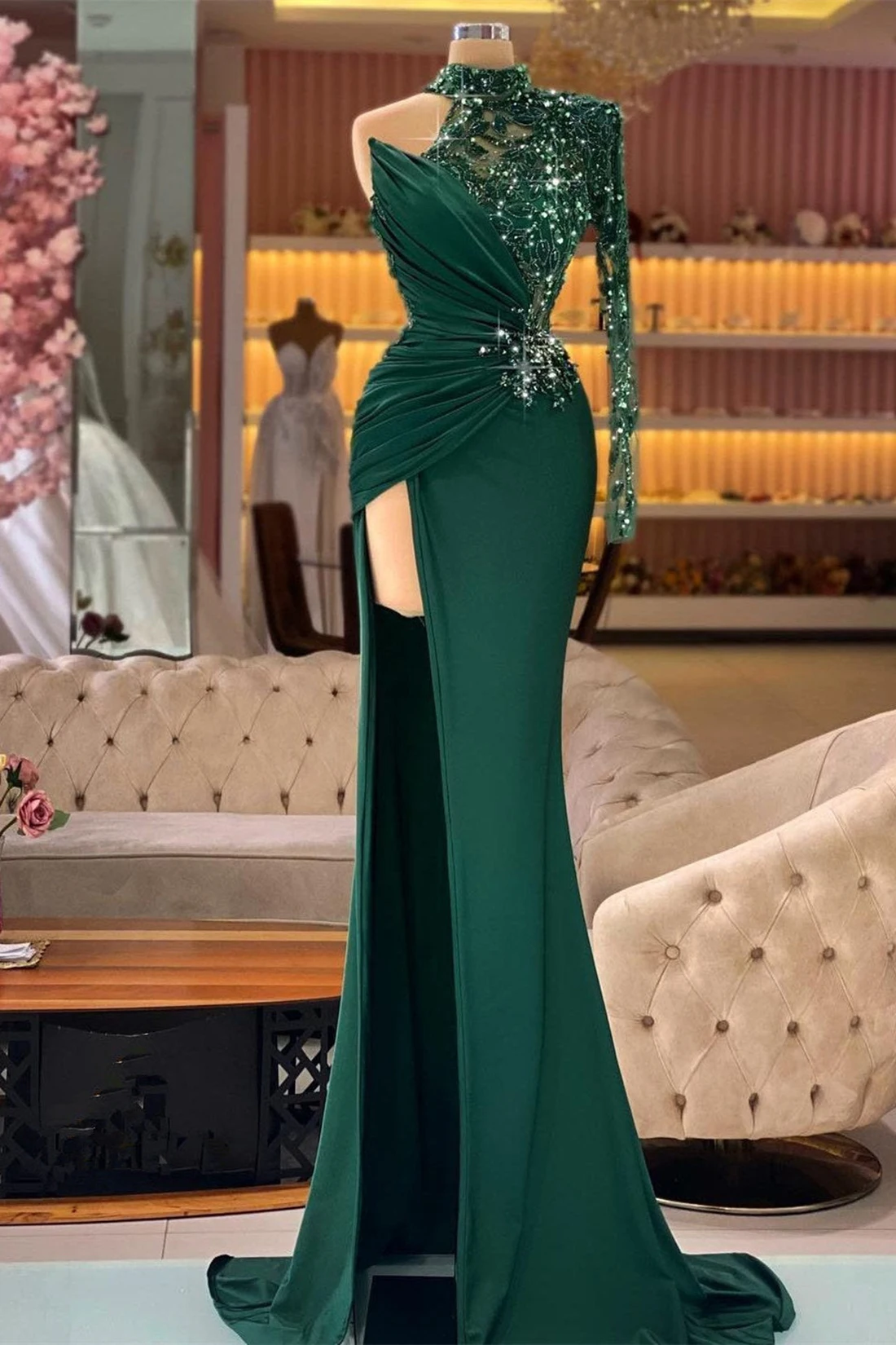 Luxury Emerald Green Asymmetrical Sequin Mermaid Dress with High Slit and Draped Waist Women Gala Customized B262642