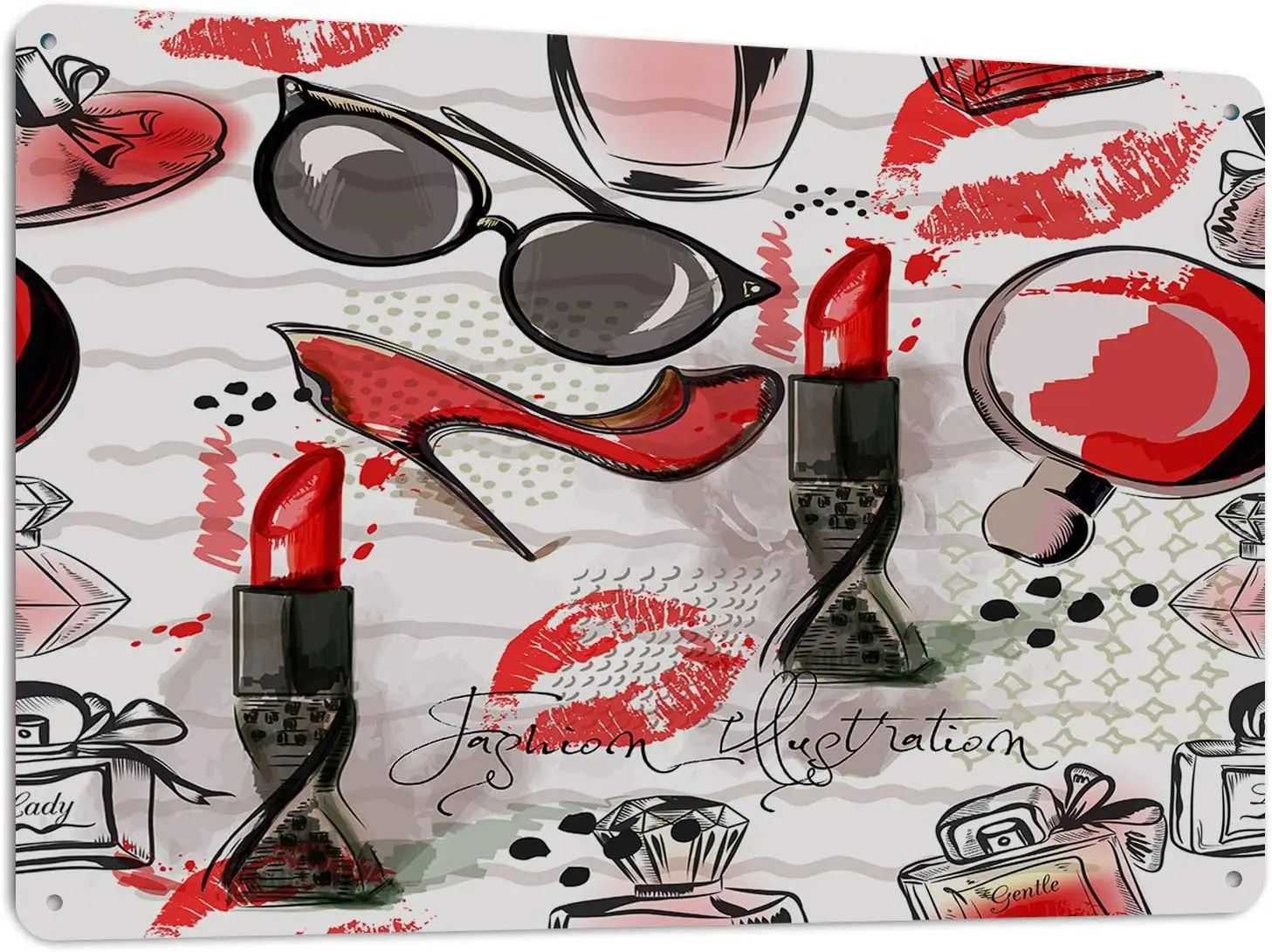 Makeup Tin Sign Wall Decor Red Lipstick Shoes Glasses Perfume Glamour Female Aluminum Sign Home Bathroom Laundry Decor Bar Signs